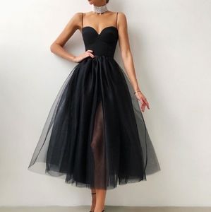 Tea Length Black Swan Spaghetti Strap Evening Dress